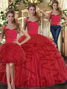 Chic Floor Length Red Sweet 16 Dress Tulle Sleeveless Ruffles