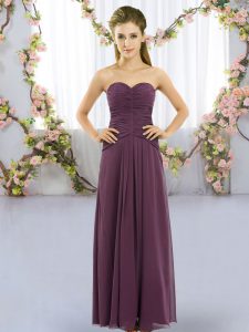 Trendy Dark Purple Chiffon Lace Up Sweetheart Sleeveless Floor Length Dama Dress Ruching