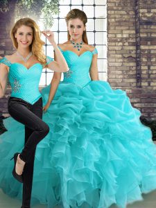 Fantastic Aqua Blue Sleeveless Floor Length Beading and Ruffles and Pick Ups Lace Up Sweet 16 Dress