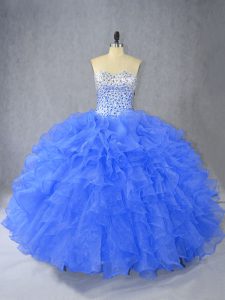 Beautiful Blue Organza Lace Up Sweetheart Sleeveless Floor Length Sweet 16 Quinceanera Dress Beading and Ruffles