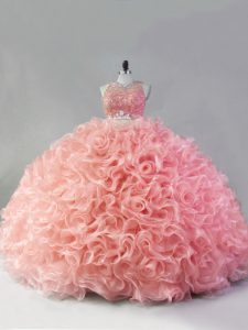 Fabric With Rolling Flowers Scoop Sleeveless Zipper Beading and Ruffles Quinceanera Dresses in Pink