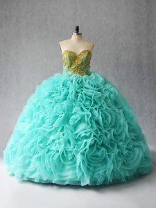 Lovely Aqua Blue Sleeveless Fabric With Rolling Flowers Court Train Lace Up Ball Gown Prom Dress for Sweet 16 and Quinceanera