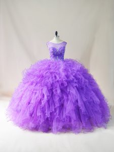 Extravagant Purple Ball Gowns Beading and Ruffles Quinceanera Gowns Lace Up Tulle Sleeveless Floor Length