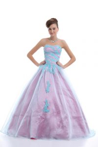 Customized Sleeveless Organza Floor Length Lace Up Ball Gown Prom Dress in Light Blue with Appliques