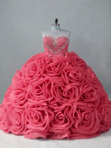 Fantastic Fabric With Rolling Flowers Sweetheart Sleeveless Brush Train Lace Up Beading Quince Ball Gowns in Coral Red