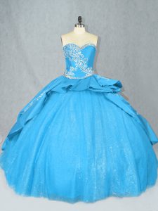 Baby Blue Satin and Tulle Lace Up Sweetheart Sleeveless Quinceanera Dress Court Train Embroidery