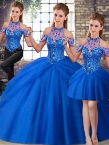 Chic Blue Tulle Lace Up Halter Top Sleeveless 15th Birthday Dress Brush Train Beading and Pick Ups