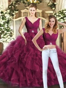 Burgundy Two Pieces V-neck Sleeveless Tulle Floor Length Backless Beading and Ruffles Sweet 16 Quinceanera Dress
