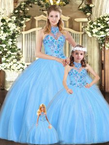 Classical Sleeveless Tulle Floor Length Lace Up Quinceanera Gown in Baby Blue with Embroidery