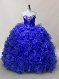 Custom Designed Fabric With Rolling Flowers Sweetheart Sleeveless Lace Up Ruffles and Sequins Sweet 16 Quinceanera Dress in Royal Blue
