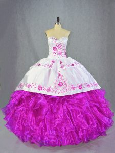 Fuchsia Sweet 16 Quinceanera Dress Sweet 16 and Quinceanera with Beading and Embroidery and Ruffles Sweetheart Sleeveless Brush Train Lace Up