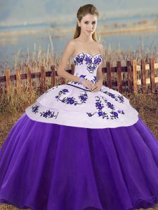 Deluxe White And Purple Quinceanera Gown Military Ball and Sweet 16 and Quinceanera with Embroidery and Bowknot Sweetheart Sleeveless Lace Up
