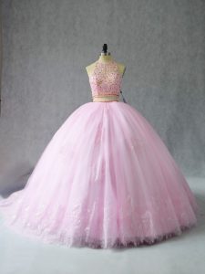 Baby Pink Two Pieces Beading and Appliques 15th Birthday Dress Zipper Tulle Sleeveless