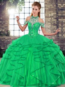 Halter Top Sleeveless Quince Ball Gowns Floor Length Beading and Ruffles Green Tulle