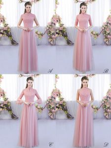Dynamic Pink Dama Dress Wedding Party with Lace High-neck Cap Sleeves Zipper
