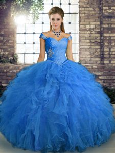 Most Popular Floor Length Ball Gowns Sleeveless Blue Quinceanera Gowns Lace Up