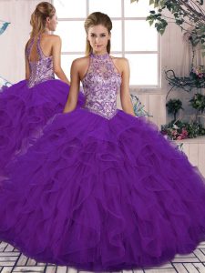Affordable Halter Top Sleeveless Sweet 16 Dresses Floor Length Beading and Ruffles Purple Tulle