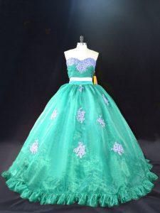 Organza Sweetheart Sleeveless Zipper Appliques Quince Ball Gowns in Turquoise