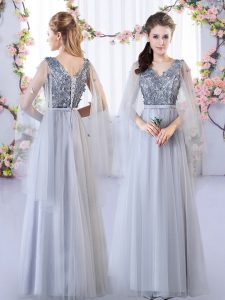 Custom Made Grey Empire Appliques Quinceanera Court Dresses Lace Up Tulle Sleeveless Floor Length