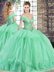 Custom Designed Off The Shoulder Sleeveless Lace Up Quince Ball Gowns Apple Green Tulle