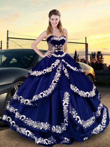Fine Royal Blue Sweetheart Lace Up Embroidery and Ruffled Layers 15th Birthday Dress Sleeveless