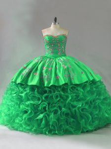 Discount Green Ball Gowns Fabric With Rolling Flowers Sweetheart Sleeveless Embroidery and Ruffles Lace Up Vestidos de Quinceanera