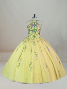 Yellow Ball Gowns Halter Top Sleeveless Tulle Brush Train Lace Up Appliques and Embroidery Vestidos de Quinceanera
