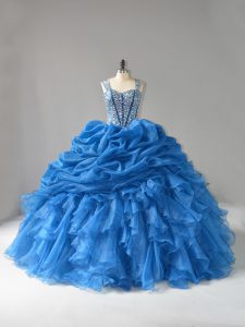Great Blue 15th Birthday Dress Sweet 16 and Quinceanera with Beading and Ruffles Straps Sleeveless Lace Up
