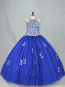 Blue Sleeveless Floor Length Beading Lace Up Ball Gown Prom Dress
