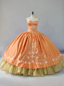 Noble Floor Length Orange 15th Birthday Dress Satin and Organza Sleeveless Embroidery and Ruffled Layers