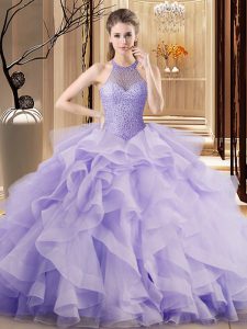 Unique Halter Top Sleeveless Organza Quinceanera Gown Beading and Ruffles Sweep Train Lace Up