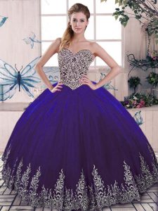 Purple Tulle Lace Up Ball Gown Prom Dress Sleeveless Floor Length Beading and Embroidery