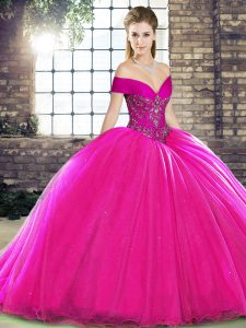 Stunning Fuchsia Organza Lace Up Off The Shoulder Sleeveless Quinceanera Gowns Brush Train Beading