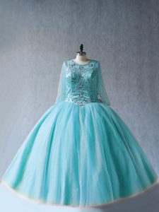 Simple Aqua Blue 15 Quinceanera Dress Sweet 16 and Quinceanera with Beading Scoop Long Sleeves Lace Up