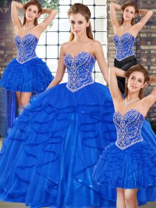 Sleeveless Tulle Floor Length Lace Up Sweet 16 Dresses in Royal Blue with Beading and Ruffles