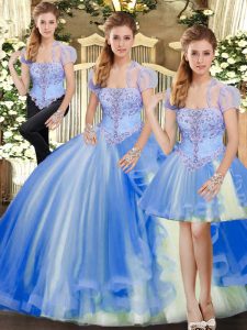 Blue Sweet 16 Dress Military Ball and Sweet 16 and Quinceanera with Beading and Ruffles Strapless Sleeveless Lace Up