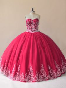 Fabulous Red Lace Up Quinceanera Gown Embroidery Sleeveless Floor Length