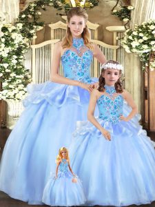 Dazzling Halter Top Sleeveless Lace Up Sweet 16 Dresses Blue Organza