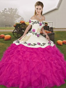 Super Fuchsia Sleeveless Floor Length Embroidery and Ruffles Lace Up 15 Quinceanera Dress