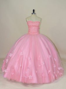 Fine Beading and Hand Made Flower Sweet 16 Quinceanera Dress Baby Pink Lace Up Sleeveless Floor Length