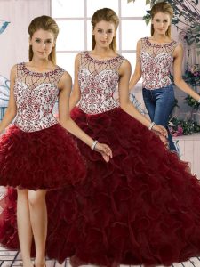 Pretty Sleeveless Floor Length Beading and Ruffles Lace Up Sweet 16 Dress with Burgundy