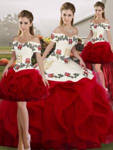 High Quality White And Red Lace Up Sweet 16 Quinceanera Dress Embroidery and Ruffles Sleeveless Floor Length