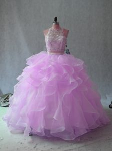 Deluxe Lilac Organza Backless Halter Top Sleeveless Floor Length Quinceanera Gown Beading and Ruffles