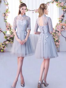 Elegant Grey Half Sleeves Lace Up Court Dresses for Sweet 16 for Wedding Party