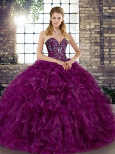 Custom Design Floor Length Purple Sweet 16 Dresses Organza Sleeveless Beading and Ruffles