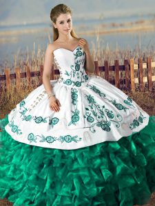 Customized Green Organza Lace Up 15 Quinceanera Dress Sleeveless Floor Length Embroidery and Ruffles