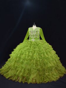 Olive Green Organza Lace Up Sweet 16 Quinceanera Dress Long Sleeves Floor Length Ruffled Layers