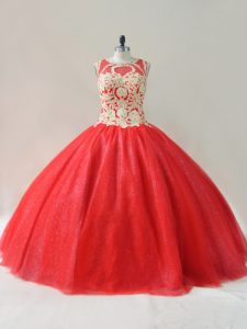 Fancy Beading Vestidos de Quinceanera Red Lace Up Sleeveless Floor Length
