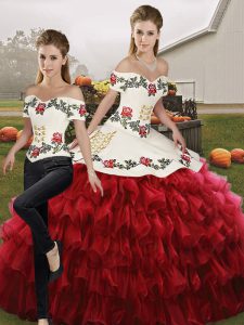 Spectacular Sleeveless Floor Length Embroidery and Ruffled Layers Lace Up Quince Ball Gowns with Wine Red