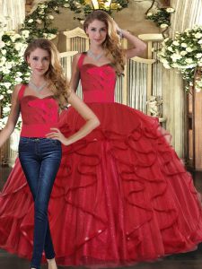 Red Lace Up Quinceanera Dresses Ruffles Sleeveless Floor Length